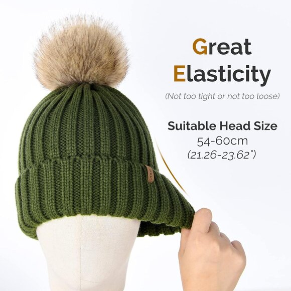 Womens Winter Knitted Beanie Hat with Faux Fur Pom Warm Knit Skull Cap Beanie fo - Picture 4 of 6
